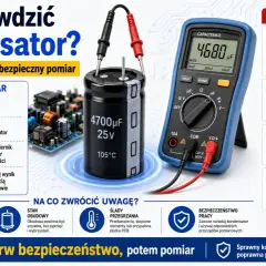 Jak sprawdzić kondensator? Obraz pokazuje miernik pojemności podłączony do kondensatora, instrukcje bezpiecznego pomiaru i objawy uszkodzenia.