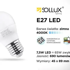 Żarówka LED E27 Sollux 7,5W, barwa zimna 4000K, 690lm. Idealna do kuchni, łazienki, biura. Nowoczesne rodzaje żarówek.