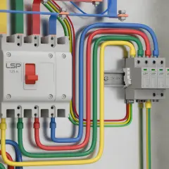 W skrzynce elektrycznej widać wyłącznik główny i moduły odgromnik. Kolorowe przewody (żółty, zielony, czerwony, niebieski) łączą je zasilaniem.