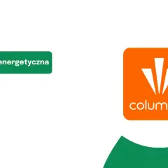 Logo Columbus Energy na tle zielonych kształtów. W tle zielony napis "branża OZE i energetyczna". Columbus Energy opinie.