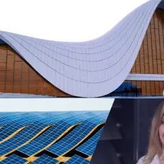 Nowoczesna architektura i panele słoneczne, które mogą wykorzystywać perowskity do efektywniejszego pozyskiwania energii.