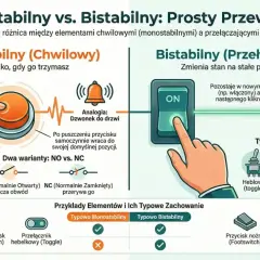 Ilustracja porównująca przycisk monostabilny (pomarańczowy) i przełącznik bistabilny (zielony) z przykładami.