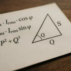 Wzory elektryczne: P=Vrms⋅Irms⋅cosφ, Q=Vrms⋅Irms⋅sinφ, S²=P²+Q². Trójkąt z oznaczeniami P, Q, S. Moc pozorna S.