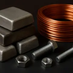 Sztabki aluminium, miedziana cewka i śruby z nakrętkami. Czy aluminium przewodzi prąd? Tak, podobnie jak miedź.