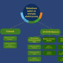 Schemat opłat za energię elektryczną: Towar, Dystrybucja, opłata kogeneracyjna, opłaty sieciowe, OZE.