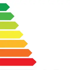 Skala klas energetycznych od A (najlepsza) do G (najgorsza), przedstawiona w formie kolorowych strzałek.