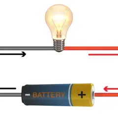 Obwód elektryczny z żarówką i baterią. Strzałki pokazują przepływ prądu, ilustrując napięcie jednostka.