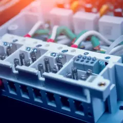 Wnętrze skrzynki elektrycznej z przewodami i złączami. Widać śruby i zaciski, które łączą kable. THD.
