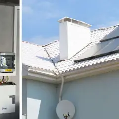 Instalacja fotowoltaiczna z panelem słonecznym na dachu i bank energii zamontowany na ścianie.