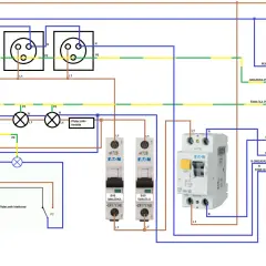 Schemat instalacji elektrycznej z gniazdkami, oświetleniem i wyłącznikami. Widoczny jest system TN-C.