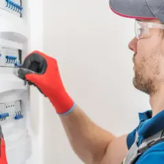 Elektryk w czerwonych rękawicach dokonuje przeglądu instalacji elektrycznej, sprawdzając bezpieczniki w skrzynce.