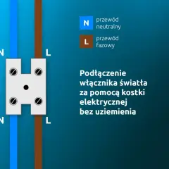Schemat podłączenia włącznika światła z gniazdka. Pokazuje przewód neutralny (N) i fazowy (L) łączone przez kostkę elektryczną.