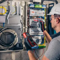 Elektryk w kasku mierzy napięcie w skrzynce z bezpiecznikami, dbając o to, by nie było strat energii biernej.