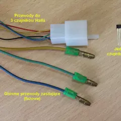 Przewody zasilające i do 3 czujników Halla, jeden z czujników Halla widoczny obok.