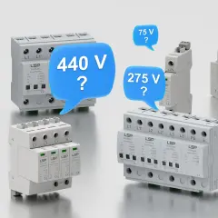 Różne modele zabezpieczeń przeciwprzepięciowych LSP, z pytaniami o napięcie: 440 V, 275 V, 75 V.
