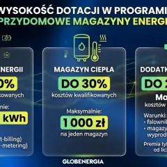 Dotacje na magazynowanie energii elektrycznej: do 30% kosztów kwalifikowanych na magazyn energii i ciepła, premia do 2000 zł.