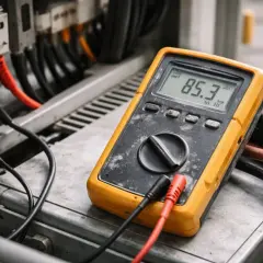 Miernik pokazuje 85.3 MΩ podczas pomiaru rezystancji izolacji instalacji elektrycznej.