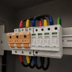 W skrzynce elektrycznej zamontowano przepięciówkę, chroniącą instalację przed nagłymi skokami napięcia. Widać trzy pomarańczowe bezpieczniki i białe moduły ochronne.