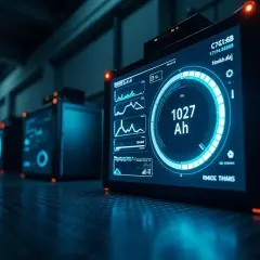 Cyfrowe wyświetlacze pokazują dane techniczne, w tym pojemność akumulatora 1027 Ah, w rzędzie nowoczesnych urządzeń.