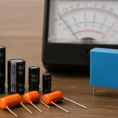 Różne kondensatory o różnej pojemności, od 10 µF do 100 µF, leżą obok analogowego miernika.