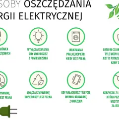Grafika pokazuje sposoby oszczędzania energii elektrycznej: żarówki energooszczędne, wyłączanie światła, pełne pralki i zmywarki, gotowanie wody na raz, wyjmowanie ładowarki i listwy zasilające.