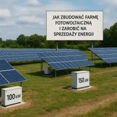 Rozległa farma fotowoltaiczna z rzędami paneli słonecznych. Na tablicy informacja: "Jak zbudować farmę fotowoltaiczną i zarobić na sprzedaży energii".