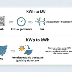 Wykres wyjaśnia zależność między kWh a kW, pokazując, że energia (kWh) to moc (kW) razy czas. Panele słoneczne (kWp) produkują energię w zależności od nasłonecznienia.