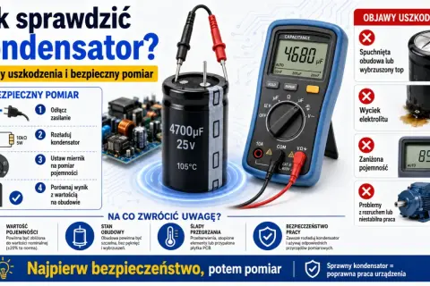 Jak sprawdzić kondensator? Obraz pokazuje miernik pojemności podłączony do kondensatora, instrukcje bezpiecznego pomiaru i objawy uszkodzenia.