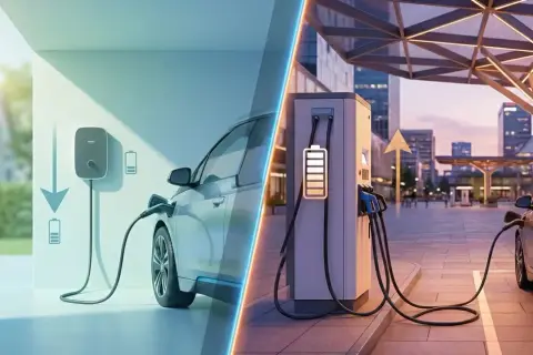 Ładowanie elektryka w domu i na mieście. Zastanawiasz się, ile kosztuje ładowanie elektryka? Obraz pokazuje różne opcje.