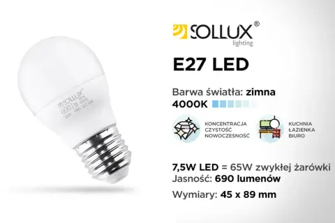 Żarówka LED E27 Sollux 7,5W, barwa zimna 4000K, 690lm. Idealna do kuchni, łazienki, biura. Nowoczesne rodzaje żarówek.