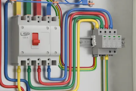 W skrzynce elektrycznej widać wyłącznik główny i moduły odgromnik. Kolorowe przewody (żółty, zielony, czerwony, niebieski) łączą je zasilaniem.