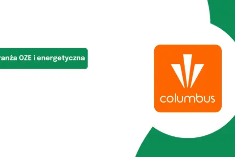 Logo Columbus Energy na tle zielonych kształtów. W tle zielony napis "branża OZE i energetyczna". Columbus Energy opinie.