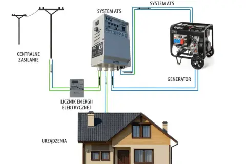 Schemat podłączenia agregatu prądotwórczego do domu jednorodzinnego. System ATS automatycznie przełącza zasilanie z sieci na generator.