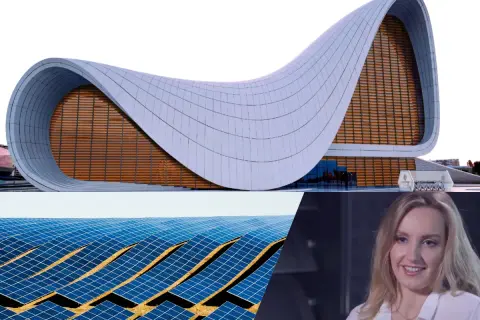 Nowoczesna architektura i panele słoneczne, które mogą wykorzystywać perowskity do efektywniejszego pozyskiwania energii.