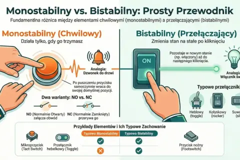 Ilustracja porównująca przycisk monostabilny (pomarańczowy) i przełącznik bistabilny (zielony) z przykładami.