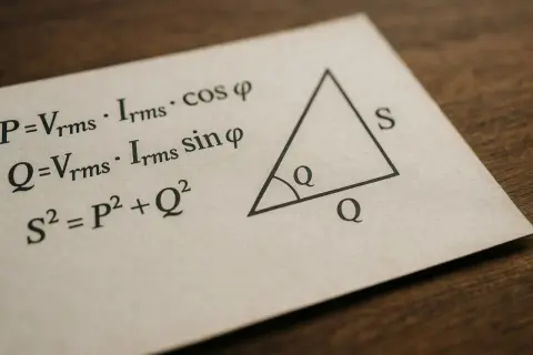Wzory elektryczne: P=Vrms⋅Irms⋅cosφ, Q=Vrms⋅Irms⋅sinφ, S²=P²+Q². Trójkąt z oznaczeniami P, Q, S. Moc pozorna S.