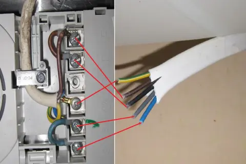 Podłączenie płyty indukcyjnej: przewody fazowe (L1, L2, L3) i neutralny (N1) podłączone do odpowiednich zacisków.