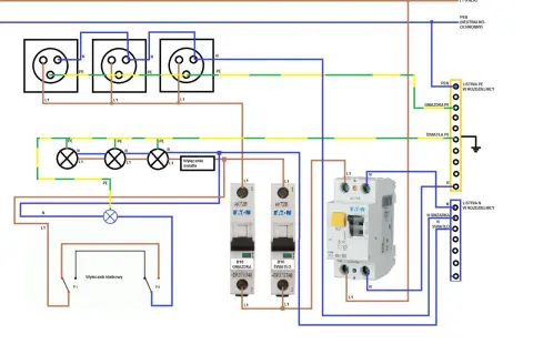 Schemat instalacji elektrycznej z gniazdkami, oświetleniem i wyłącznikami. Widoczny jest system TN-C.