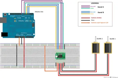Schemat połączeń Arduino Uno z mostkiem H i dwoma silnikami. Zasilanie, masa i sygnały sterujące biegną przez płytkę stykową.