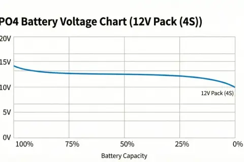 Wykres napięcia akumulatora LiFePO4 (12V Pack 4S). Pokazuje prawidłowe napięcie w zależności od pojemności.