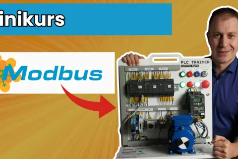 Mini-kurs o komunikacji modbus rtu. Na zdjęciu widać schemat połączeń i sprzęt do nauki.