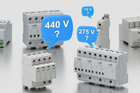 Różne modele zabezpieczeń przeciwprzepięciowych LSP, z pytaniami o napięcie: 440 V, 275 V, 75 V.