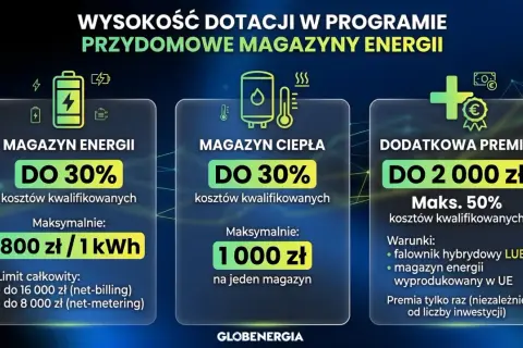 Dotacje na magazynowanie energii elektrycznej: do 30% kosztów kwalifikowanych na magazyn energii i ciepła, premia do 2000 zł.