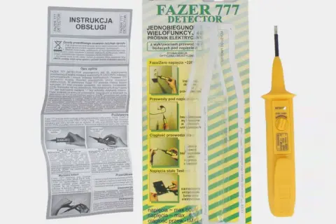 Żółty tester elektryczny FAZER 777 z instrukcją obsługi. Idealny do wykrywania napięcia i ciągłości przewodów.