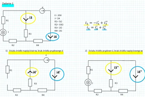 Schemat obwodu elektrycznego ilustrujący zasadę superpozycji, z zaznaczonymi prądami i3, i4, i4', i3'', i4''.