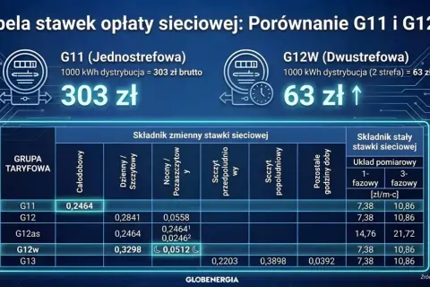Porównanie taryfy G11 i G12w. Taryfa G12w jest dwustrefowa, co oznacza niższe koszty dystrybucji energii elektrycznej.