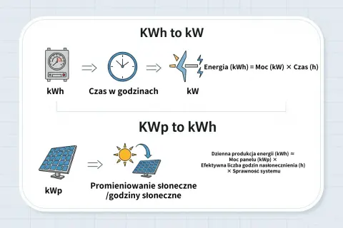 Wykres wyjaśnia zależność między kWh a kW, pokazując, że energia (kWh) to moc (kW) razy czas. Panele słoneczne (kWp) produkują energię w zależności od nasłonecznienia.