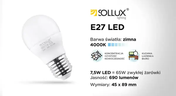 Żarówka LED E27 Sollux 7,5W, barwa zimna 4000K, 690lm. Idealna do kuchni, łazienki, biura. Nowoczesne rodzaje żarówek.