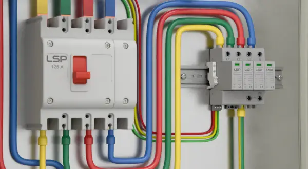 W skrzynce elektrycznej widać wyłącznik główny i moduły odgromnik. Kolorowe przewody (żółty, zielony, czerwony, niebieski) łączą je zasilaniem.