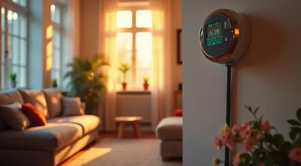 Inteligentny licznik energii PGE z funkcją taryfy G12w, dostosowujący się do pory roku, pokazuje aktualne zużycie w przytulnym salonie.